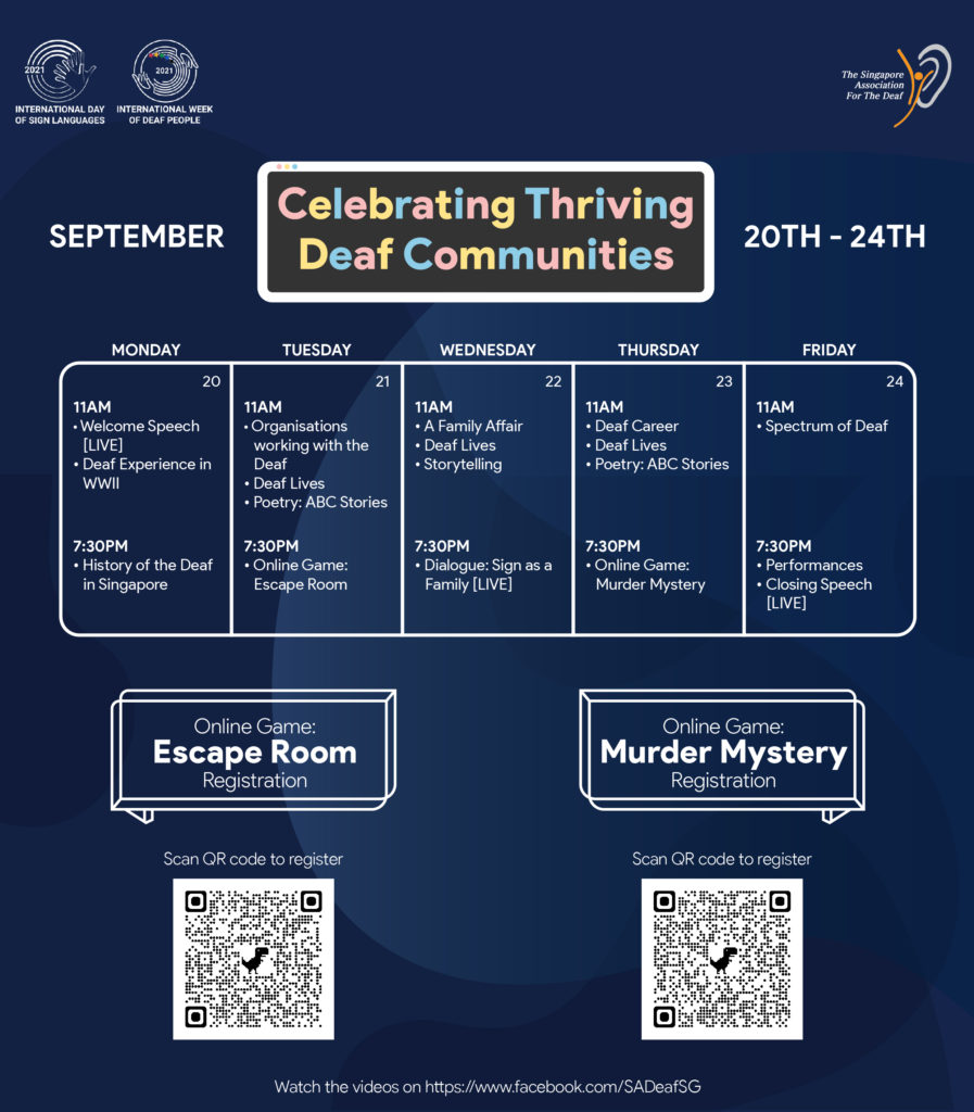 A poster with the theme and schedule of the daily content that will be posted during the International Week of the Deaf People 2021. There are 2 QR codes to register for the online games for the event.
