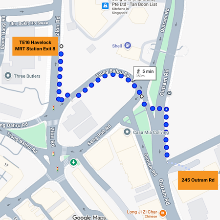 Screenshot of Google Maps walking path from Havelock MRT Station Exit 1 to 254 Outram Rd