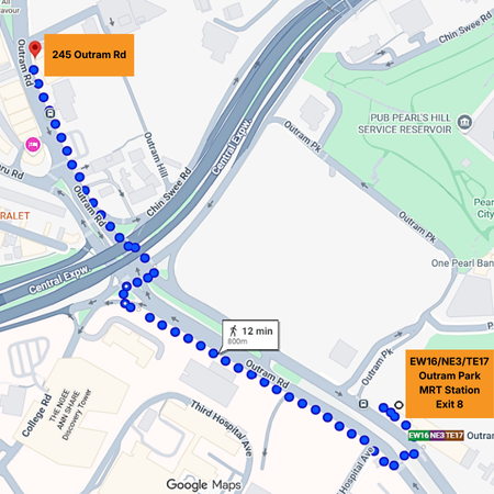 Screenshot of Google Maps walking path from Outram Park MRT Station Exit 8 to 254 Outram Rd